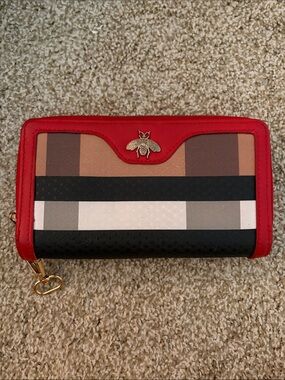 Striped Zip Wallet with Gold Bee Accent - Red Trim